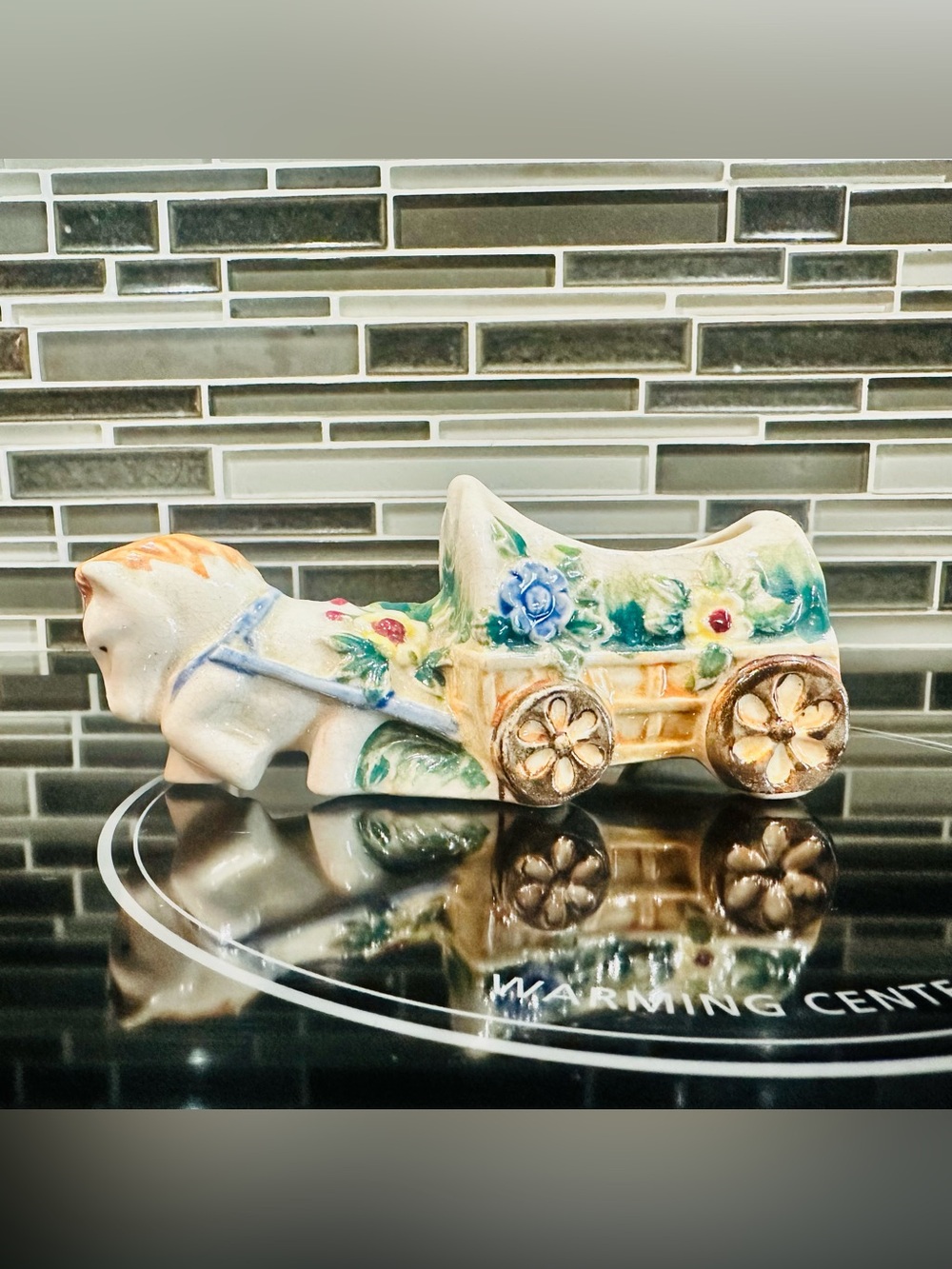 VTG Hand Painted Ceramic Donkey & Cart Wagon